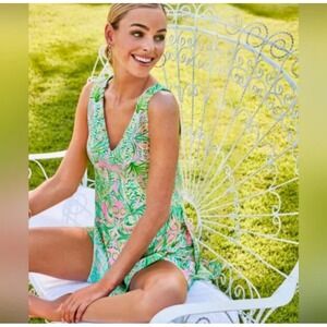 Lilly Pulitzer Dahlia Dress Womens Small Pink Green Floral French V-Neck Cotton